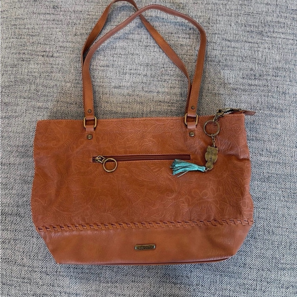 Sakroots Tan Floral Embossed Tote with Tassel Charm